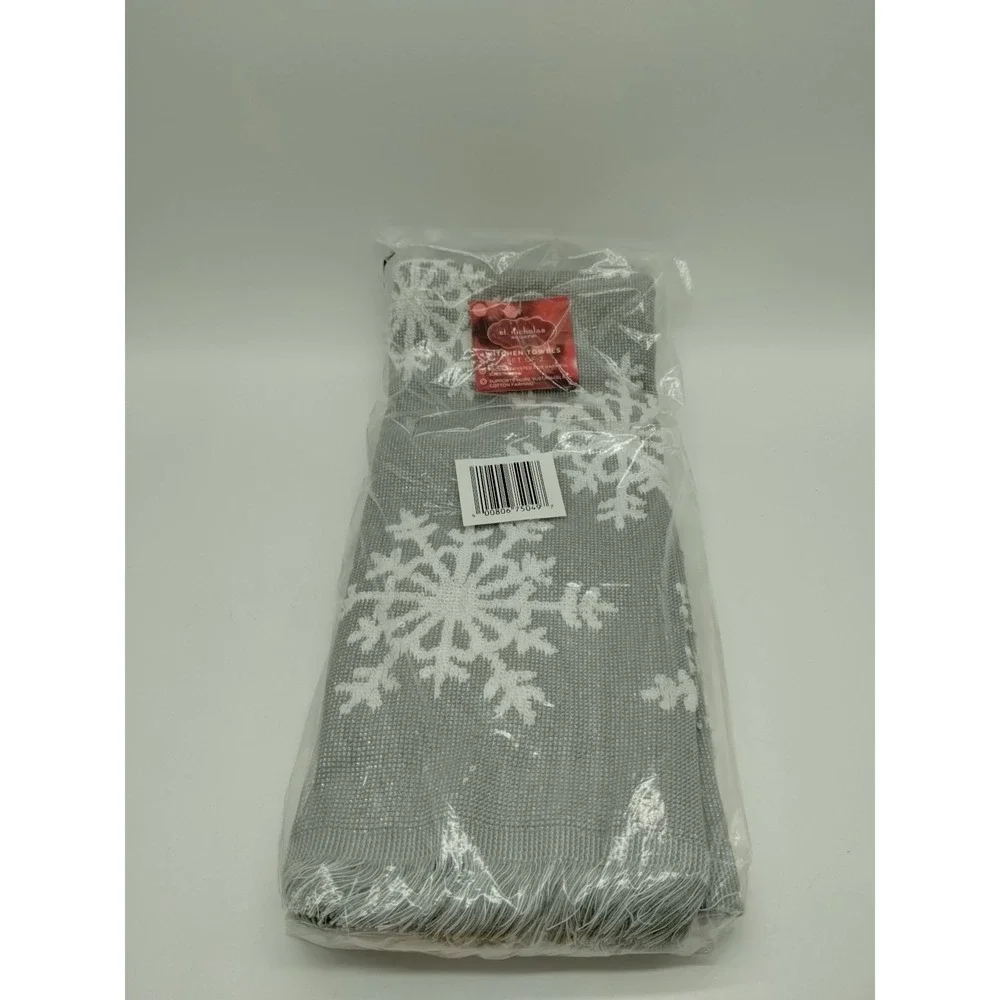 2 New St. Nicholas Square Gray Metallic Snowflake Kitchen Towels Christmas